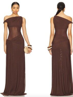 NEW MISHA Sisal Maxi Dress in Espresso Brown One Shoulder Formal Gown XS.